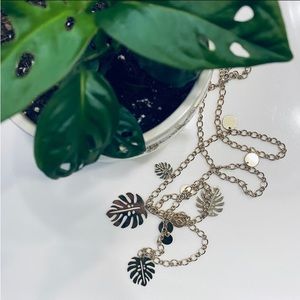 Monstera Leaf Charm Long Layer Gold Tone Necklace